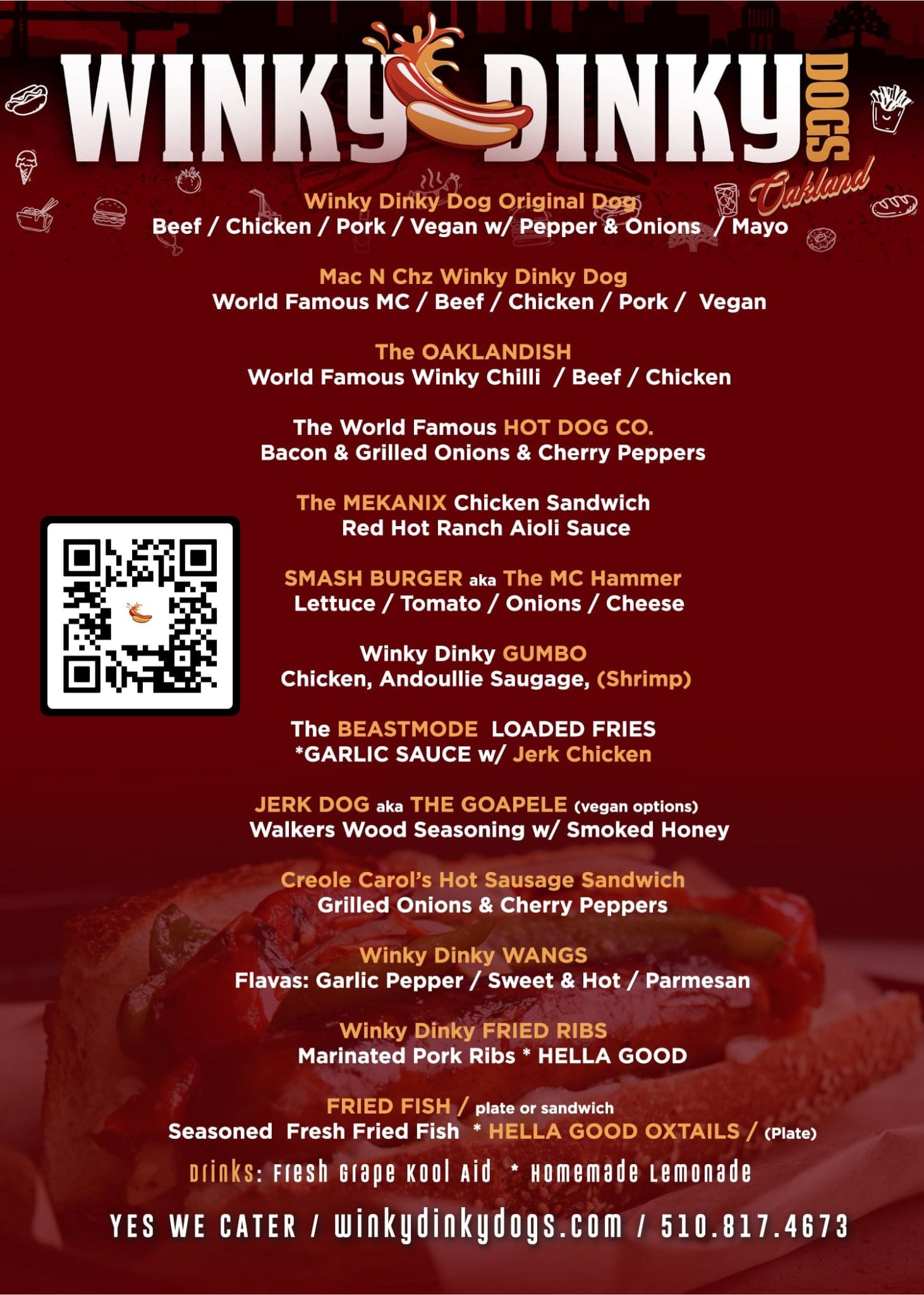 Winky Dinky Dogs Oakland menu board with a QR code for ordering