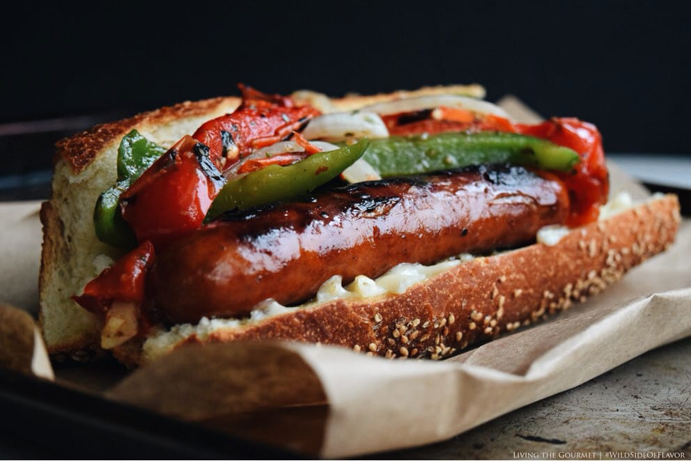 Sausage and peppers on a sesame roll